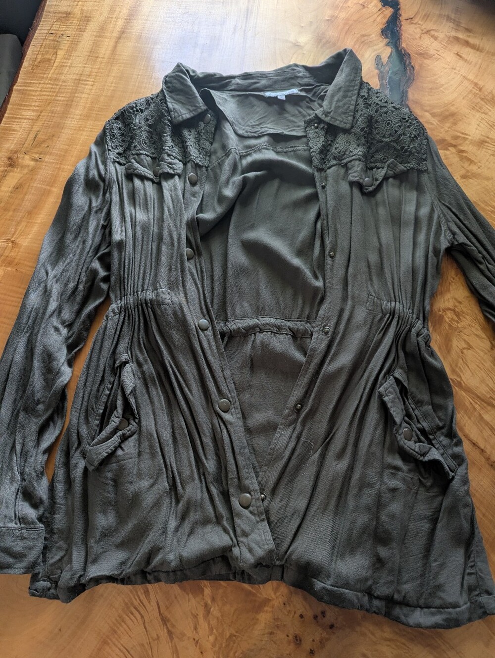 Olive Green Women’s Lightweight Button-Front Top with Lace Yoke
